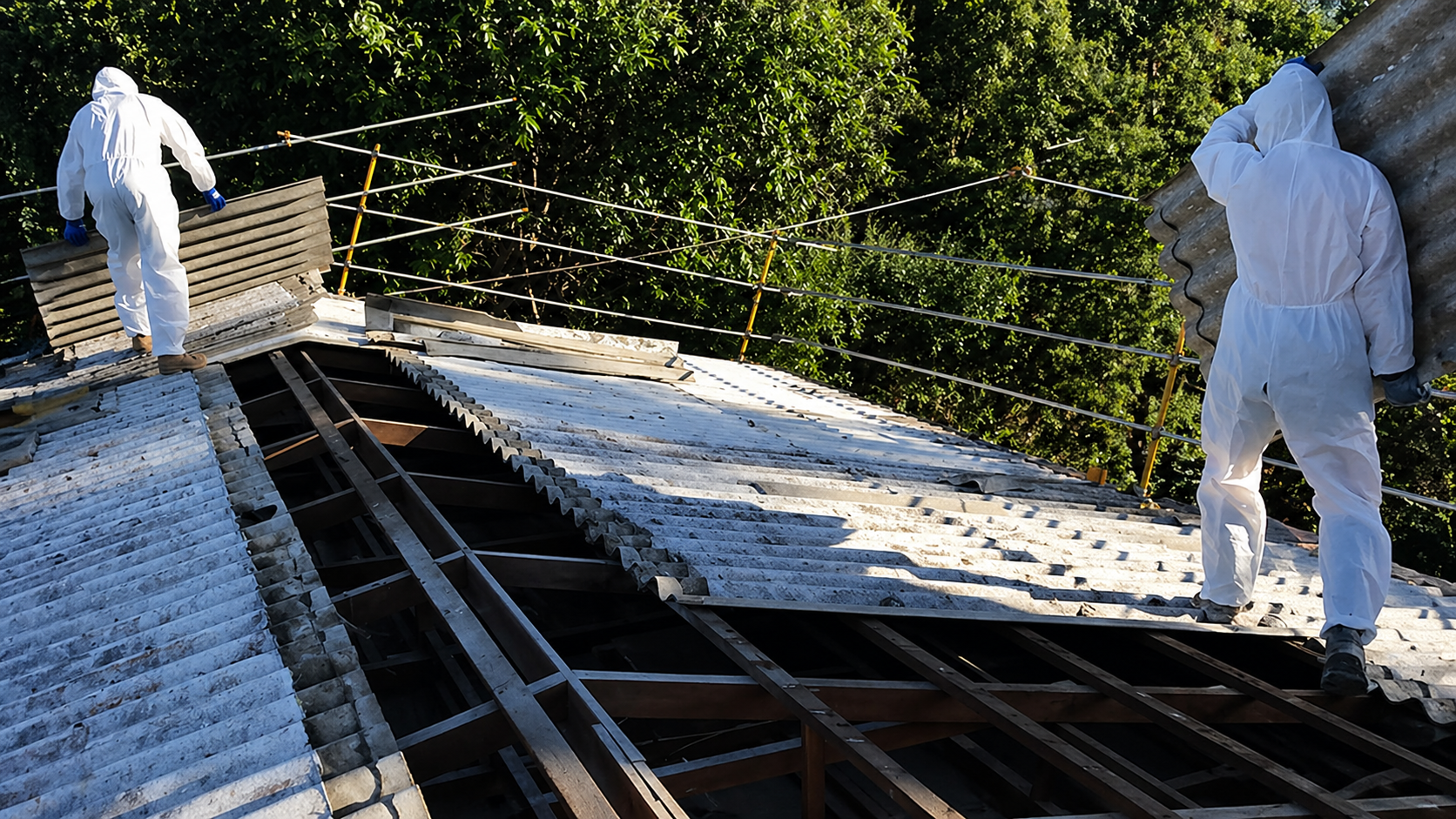 Asbestos cement roof sheets being safely removed from a residential garage in Guildford, Surrey by Surrey Asbestos licensed team